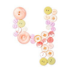 number 4 from pink and green buttons isolated on white. Sewing kit. Colorful button number four, stylish alphabet for handmaking hobby. Handmade sew abc. Text from buttons. Sale of sewing furniture