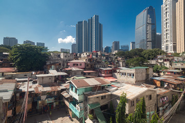 Cityscape of Makati and BGC: slums and skyscrapers contrast, Manila, Philippines