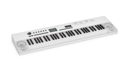 white synthesizer, electronic piano, musical instument isolated on white background 3d rendering
