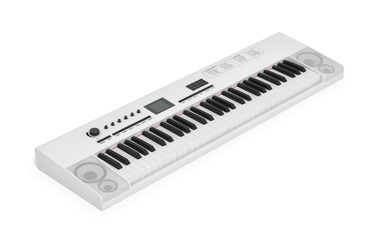 white synthesizer, electronic piano, musical instument isolated on white background 3d rendering