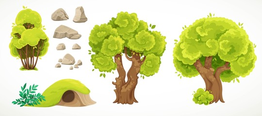 Set of natural summer objects big old trees, bush, hill with hole and stones on white background