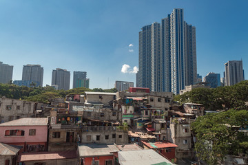Cityscape of Makati and BGC: slums and skyscrapers contrast, Manila, Philippines