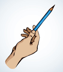 Hand points with a pencil. Vector drawing
