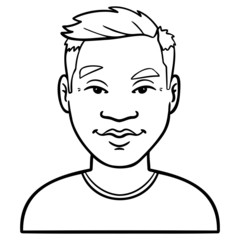 monochrome illustration of a korean young man looking coolly at the camera. outline, comic, vector, avatar, coloring book, asian.