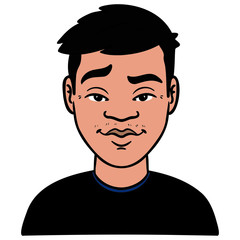 Vector illustration of a young Asian man with a black shirt and raised eyebrows who looks cool. japan, china, avatar, head, vector, isolated, cartoon.