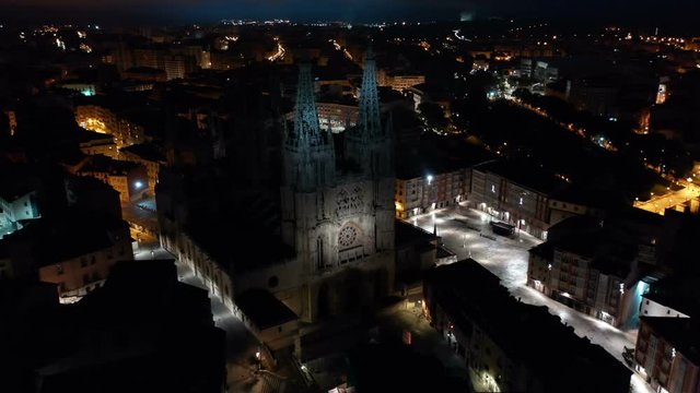 Evening view of the Burgos city with buildings and Cathedral from high, Burgos, Spain
