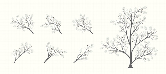 Tree with a set of branches with leaves and berries in vintage style on a notebook sheet on a light background