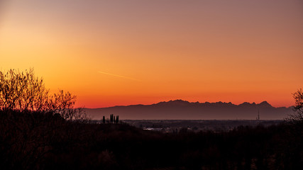 Fototapeta na wymiar Winter sunset in the vineyards of Collio Friulano