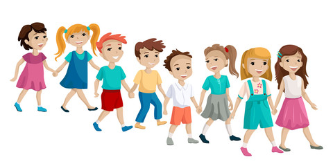 The group of children holding hands and cross the road. Vector isolated cartoon illustration on white background