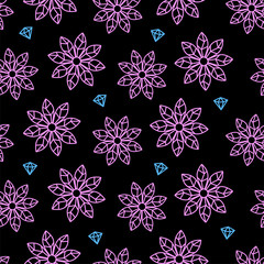 Pink geometric flowers with eight petals and abstract blue diamonds on a black background. Linear decor. Vector seamless pattern. Can be used for holiday wrapping paper and as a print on fabric
