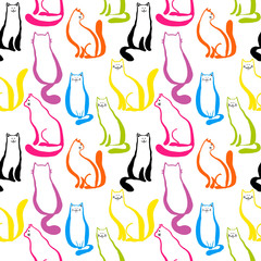 Seamless pattern with cats. Hand-drawn silhouettes of Pets isolated on a white background. Pink, green, yellow, blue cat