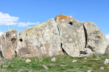 Zorats Karer, Qarahunj - Armenian Stonehenge. Prehistoric monument, ancient megalithic complex consisting of hundreds of large standing stones. Syunik region, Armenia