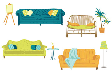 Set of four sofas and home decor elements, furniture. Vector illustration