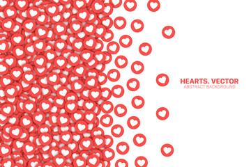 Vector Scattered Hearts Red Flat Icons Border Isolated On White Background. Lot Of Likes Conceptual Abstract Art Illustration. Love Design Template. Social Media Network Backdrop - obrazy, fototapety, plakaty