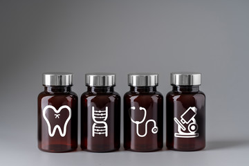 Medical icon on medicine bottle for global health care