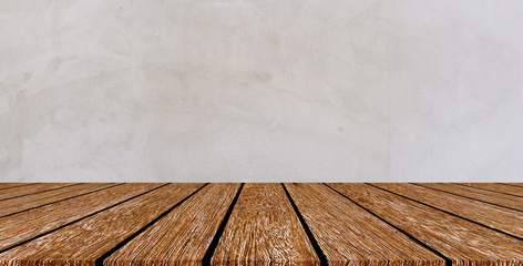 closeup building exterior gray retro cement wall background texture with old wood perspective counter for show,ads,design product on display concept