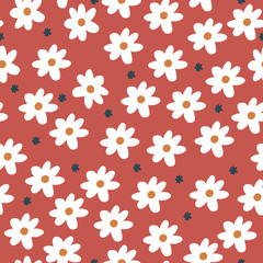Repeat Daisy Pattern with orange red background. Seamless floral pattern. White Daisy. Stylish repeating texture. Repeating texture. 
