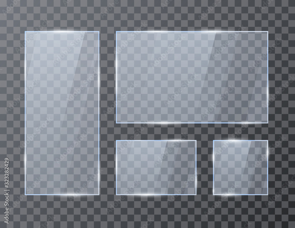Poster set of empty glass geometric rectangle banners. glossy frame template with reflection. vector illust