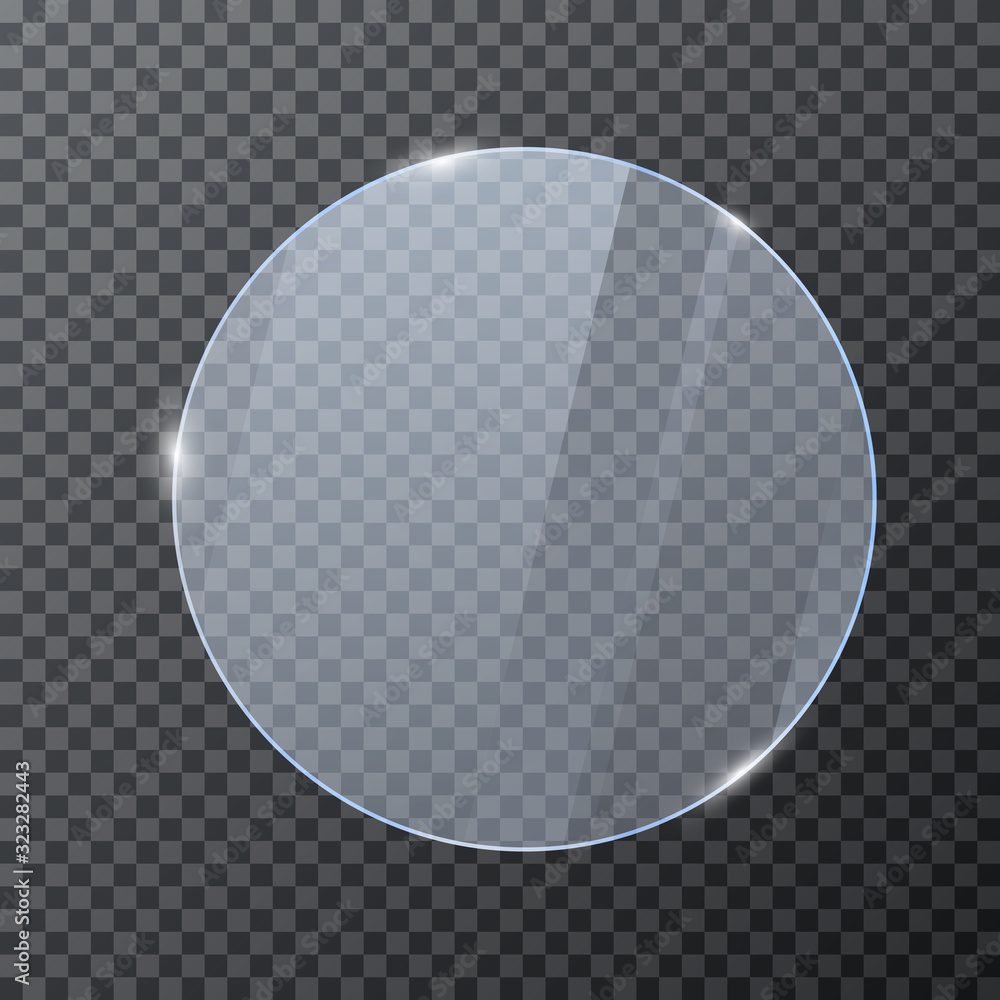 Poster round glass banner. glossy frame template with reflection isolated on transparent background. vector