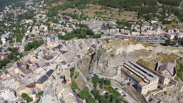 Aerial view of medieval fortified city of Briancon with impressive citadel on hill, France