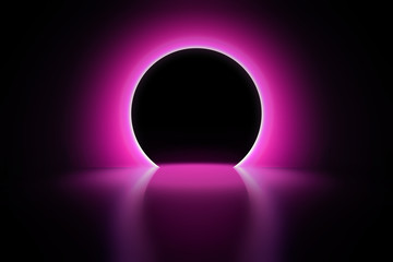 Pink neon round frame. Luminous swirling bunner. Glowing spiral. Light Ring background. Abstraction geometric neon circle. Shine LED ellipse 3D illustrator