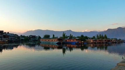 Houseboats in Dal lake in Srinagar, Kashmir in India.