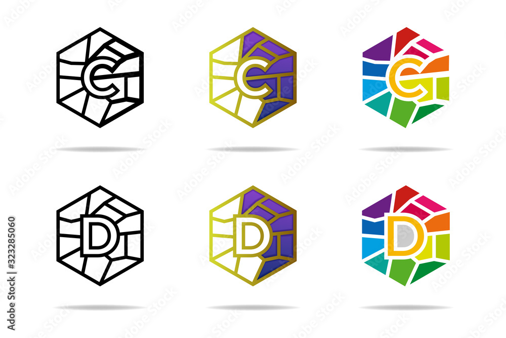 Poster polygonal letter c and letter d logo design template. three hexagon concep of letter are line, half 