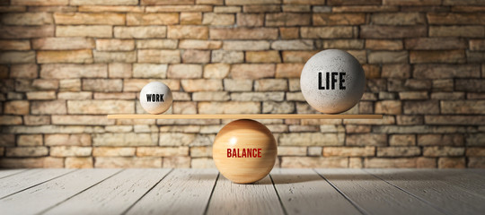 spheres forming scale with the words WORK, LIFE and BALANCE on wooden floor in front of brick wall - obrazy, fototapety, plakaty