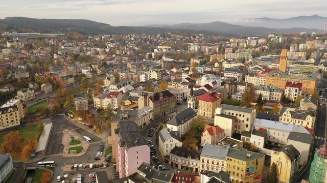 Aerial view of residential districts of Jablonec nad Nisou city in autumn day, Czech Republic