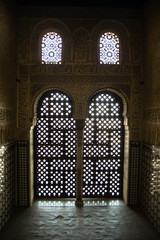 Arabic architectural details in columns and arches of a mosque or an ancient Arab palace