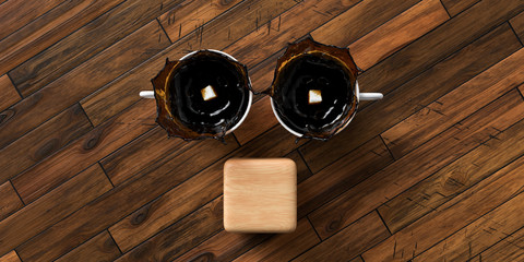 cup of coffee and empty cube for own text on wooden background