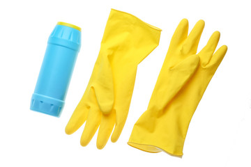 Yellow rubber gloves for cleaning, bottle of detergent isolated on white background