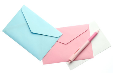 Envelope with a letter and pen isolated on white background.