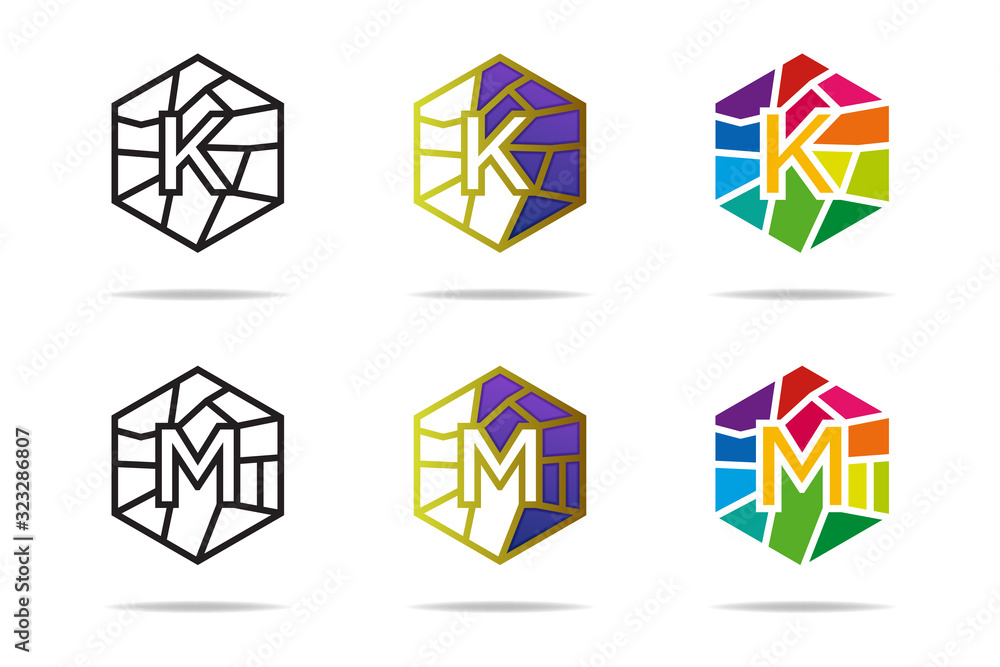Poster polygonal letter k and lettern m logo design template. three hexagon concep of letter are line, half