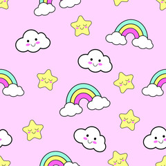 Obraz premium Rainbow stars seamless pattern with pastel pink background. Kids cute happy, smile cartoon objects with pastel rainbow, clouds, stars for baby. Vector illustration