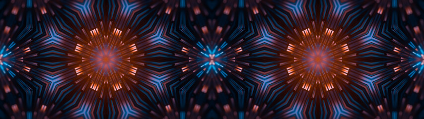 Abstract wide creative kaleidoscope background. Luminous neon glowing rays. Pattern diversity, beautiful fireworks, colorful explosion, big bang. Modern bright illumination. 3d rendering