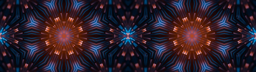 Abstract wide creative kaleidoscope background. Luminous neon glowing rays. Pattern diversity, beautiful fireworks, colorful explosion, big bang. Modern bright illumination. 3d rendering