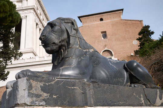 Rome, Italy - February 03, 2020 : Statue of the Capitoline Hill cordonata