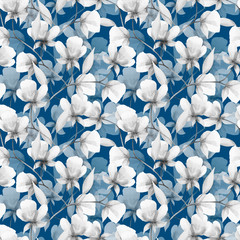 Hand-drawn black and white graphic flowers on a classic blue background seamless pattern.Endless floral  ornament for fabric,invitations, wrapping paper, cards and other materials.