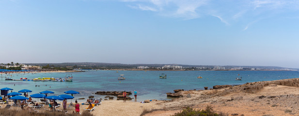 Ayia Napa, Cyprus - September 08, 2019: Wide panorama of Makronissos Beach