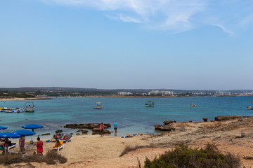 Fototapeta na wymiar Ayia Napa, Cyprus - September 08, 2019: Seascape near Makronissos Beach