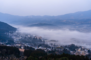 sunrise in mountain sagiridai, yufuin, japan