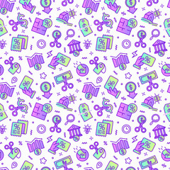 Rate cut seamless pattern with thin line icons: cutting price, cost reduction, sale, discount, receipt, loyalty card, interest. Modern vector illustration.