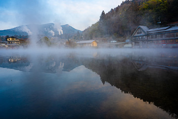 reflection in foggy water, kinrinko, oita, japan