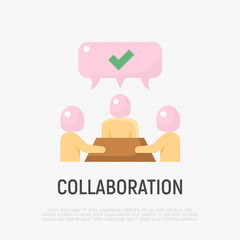 Collaboration, teamwork thin line icon: people at brainstorm. Successful communication. Modern vector illustration.