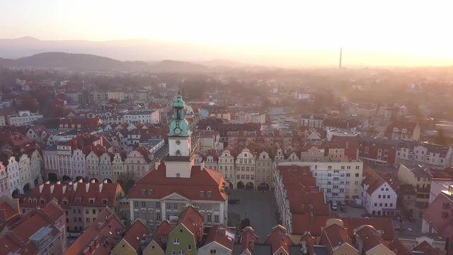 Jelenia Gora, Poland, city in the mountains Between Karkonosze and Jizera Mountains. Aerial shot.