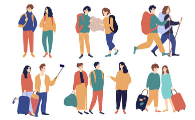 Set of colorful tourism couples backpacking, hiking, nordic walking, taking a selfie, with a tour guide and luggage, vector illustration