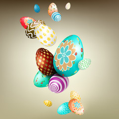 Easter light beige composition with beautiful eggs with a different pattern and color