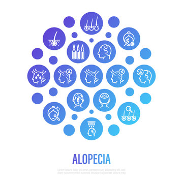 Alopecia and her types thin line icons in circle shape. Trichology, hair loss, hair follicle, mesotherapy, ampoules, hair transplant. Vector illustration.