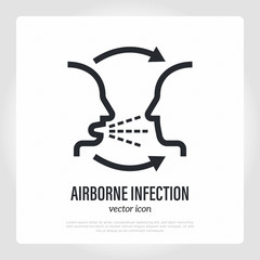 Airborne infection thin line icon. Person to person. Cough, symptom of adenovirus, flu, influenza, coronavirus. Vector illustration.